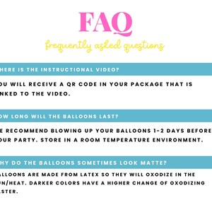 K&ouml;nnte beinhalten: Wei&szlig;er Hintergrund mit dem pinkfarbenen Text "FAQ" und dem gelben Text "h&auml;ufig gestellte Fragen". Das Bild beantwortet h&auml;ufige Fragen zu Ballons, einschlie&szlig;lich Videoanleitungen, Langlebigkeit und warum Ballons matt aussehen k&ouml;nnen.