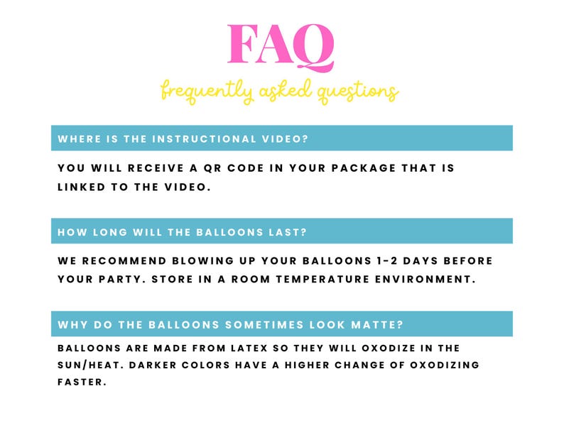 K&ouml;nnte beinhalten: Wei&szlig;er Hintergrund mit dem pinkfarbenen Text "FAQ" und dem gelben Text "h&auml;ufig gestellte Fragen". Das Bild beantwortet h&auml;ufige Fragen zu Ballons, einschlie&szlig;lich Videoanleitungen, Langlebigkeit und warum Ballons matt aussehen k&ouml;nnen.