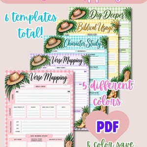 May include: A set of six printable verse mapping templates featuring a gingham pattern in five different colors. Each page includes sections for verse, context, translations, and keyword study, decorated with illustrations of a straw hat and cowboy boots.