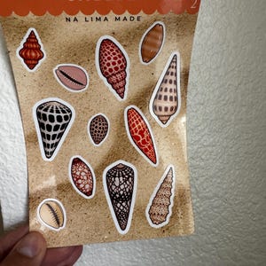 Puede incluir: Una hoja de pegatinas titulada SHELLZ NA LIMA MADE que presenta once pegatinas individuales de conchas marinas con varios patrones y colores, incluidos rojo, negro, marrón y bronceado. Las pegatinas están dispuestas sobre un fondo bronceado.
