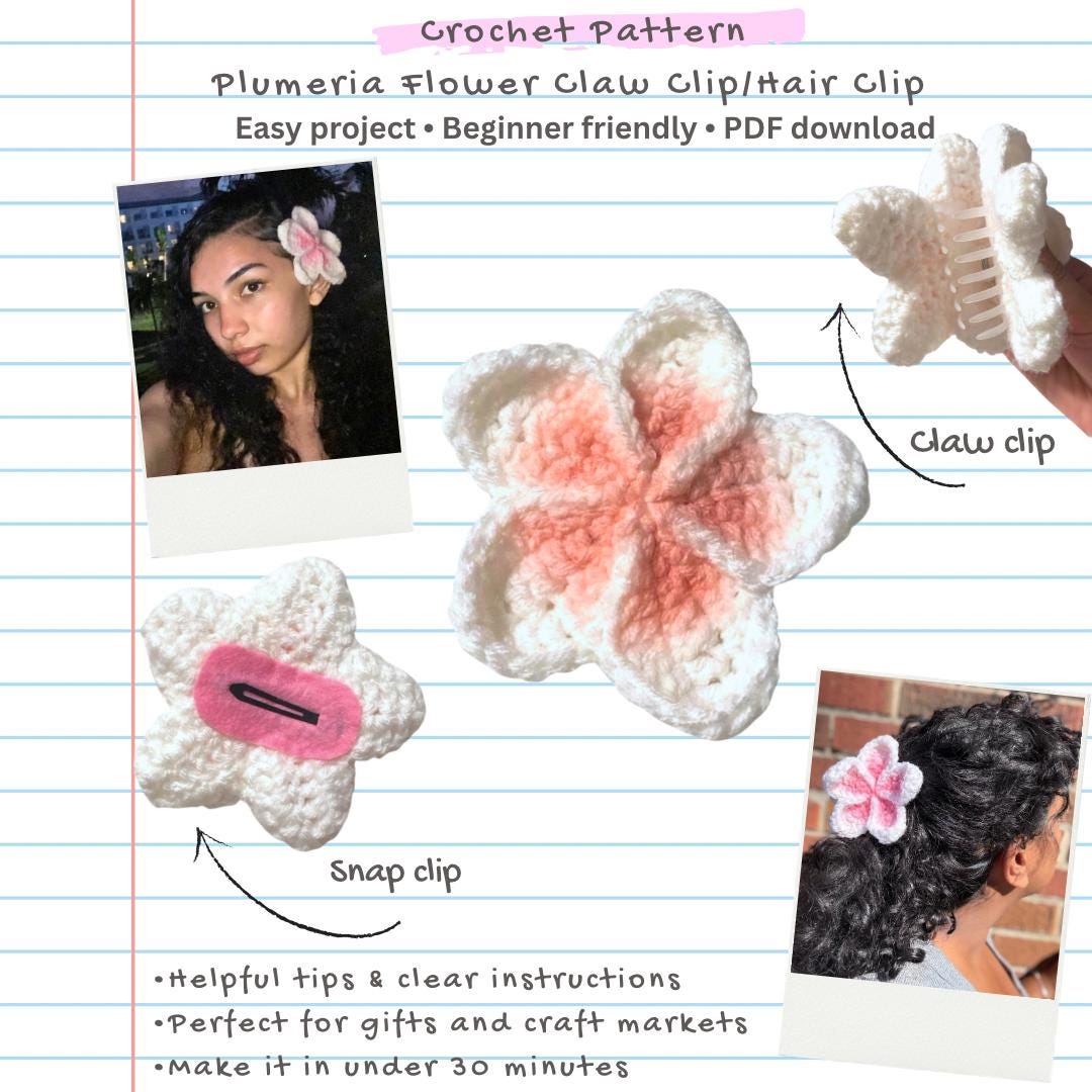 36 Crochet Hair Clips with Sunflowers, Bows, Flowers, and Fruit 4 Plumeria Flower Crochet Hair Clip Claw or Snap DIY