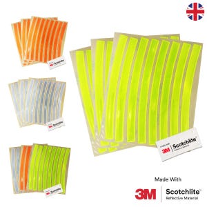 May include: A collection of curved reflective stickers in orange, silver, and neon yellow. The stickers are made with 3M Scotchlite reflective material. The image includes the 3M and Scotchlite logos.