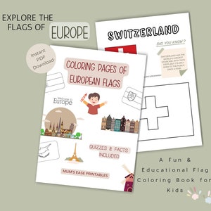 Coloring Book of European Flags, Printable Geography Worksheets for Kids, Learn Country Flags with Fun Facts & Quizzes, Educational Activity
