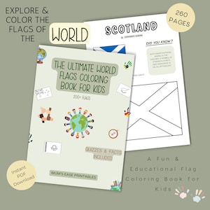 Kleur- en activiteitenboek wereldvlaggen, aardrijkskundefeiten voor kinderen, quizzen, montessori-homeschool afdrukbaar, landen van de Verenigde Naties, downloaden