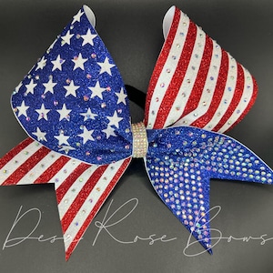 American Flag Rhinestone Cheer Bow- Patriotic Bow- Red, White & Blue