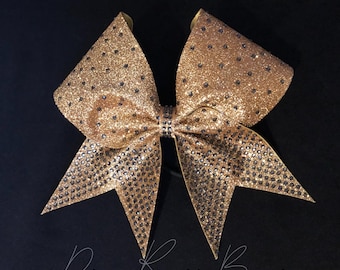 Gold Sizzler with Black Rhinestone Cheer Bow- Dance Bow