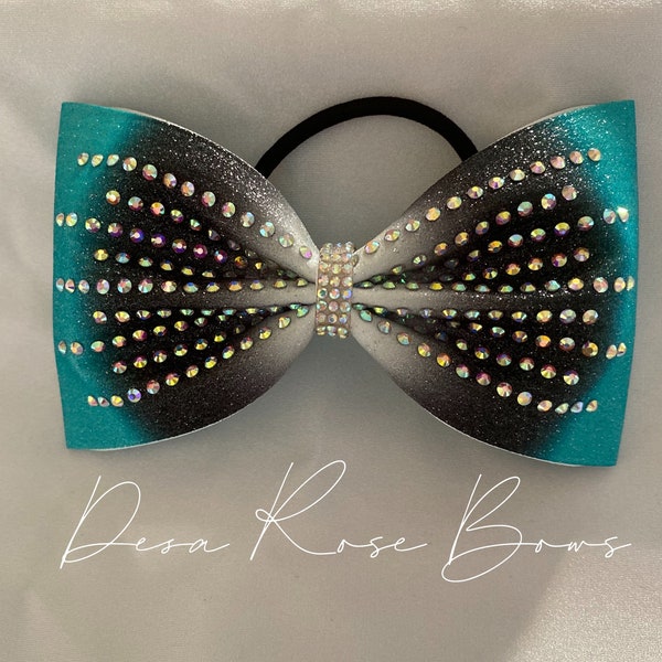 Teal and Black Ombré Glitter Tailless Rhinestone Bow - Cheer Bow - Dance