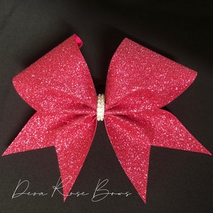 Hot Pink Glitter Cheer Bow with Rhinestone Center- dance bow- softball ponytail bow