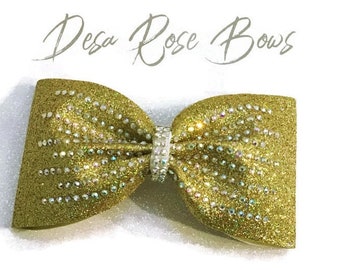 Gold Glitter Tailless Rhinestone Cheer Bow- Dance Bow