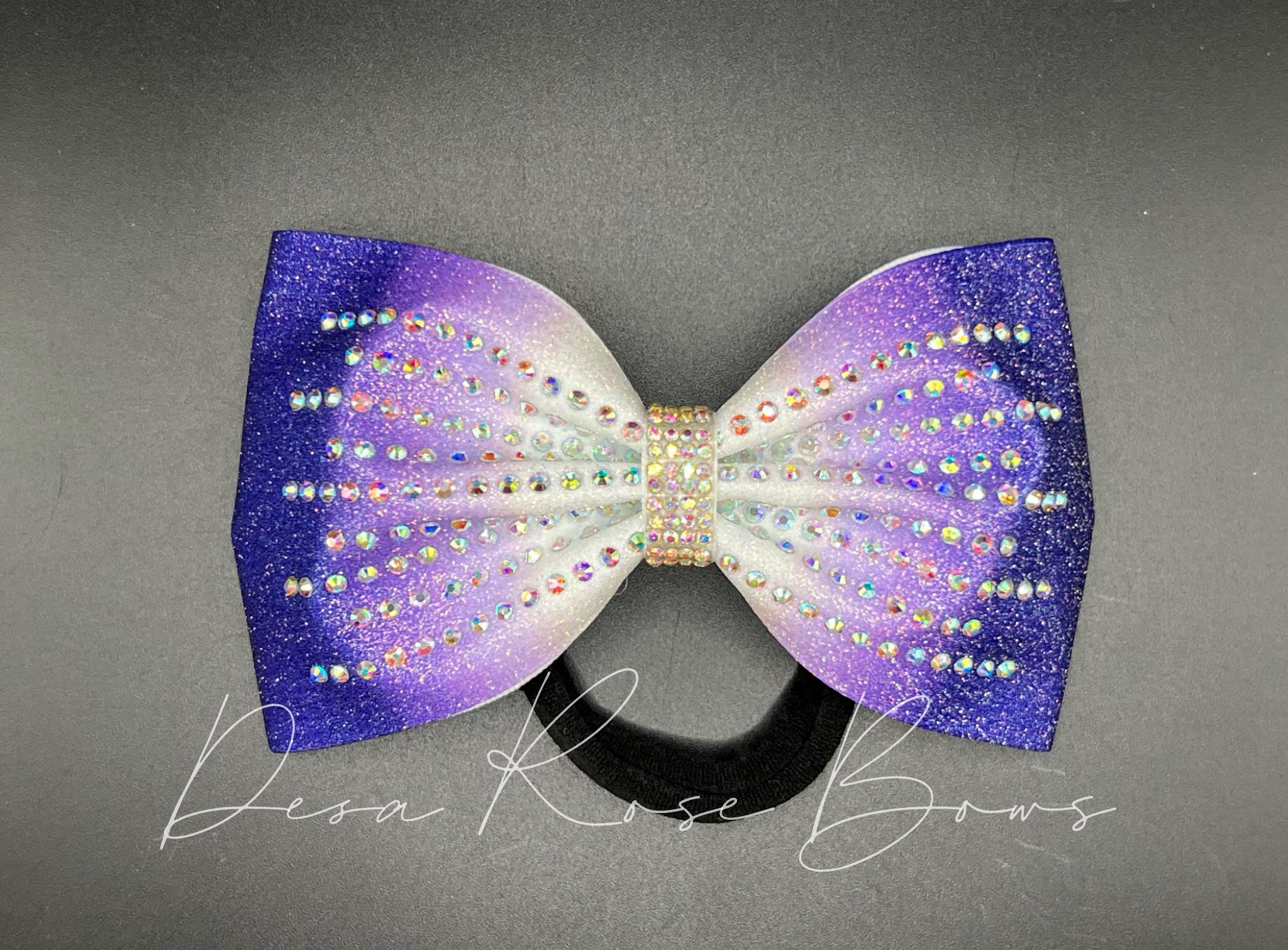 New Large Purple Glitter Cheer Bow Rhinestone Tailless Competition Hair Bow Purple Mystique Fabric Cheer Bows | Brenda main image 3
