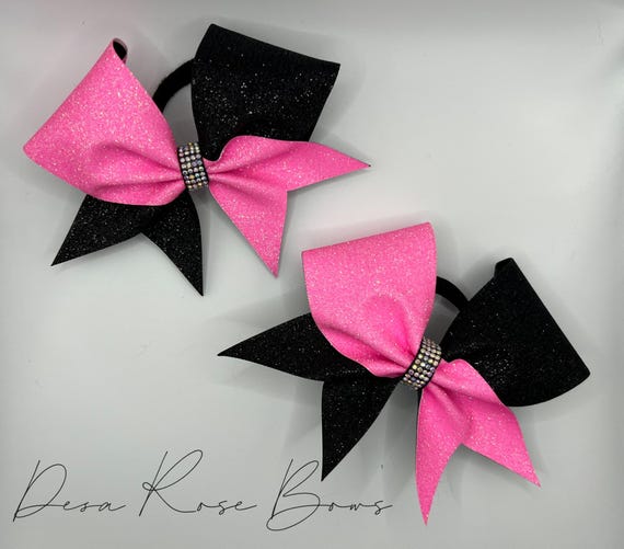 SALE Ready to Ship - Neon pink and black glitter pigtail bow set- space bun bows
