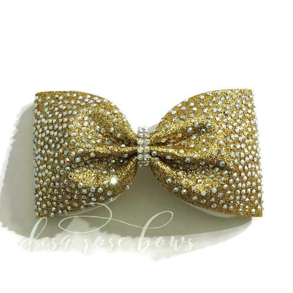 Bringing the Bling Rhinestone Bow-3" or 4" Tailless gold Glitter Cheer Bow