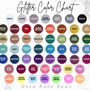 May include: A color chart showing 48 different glitter colors. The colors are arranged in rows and columns, with each color represented by a small circle. The colors include white, silver, black, gold, red, green, blue, purple, pink, and many more.