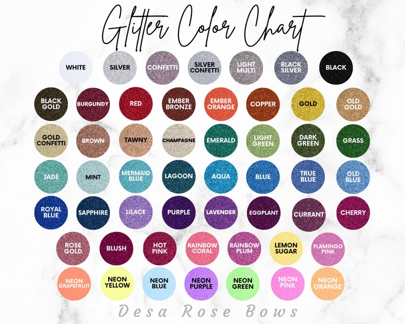 May include: A color chart showing 48 different glitter colors. The colors are arranged in rows and columns, with each color represented by a small circle. The colors include white, silver, black, gold, red, green, blue, purple, pink, and many more.
