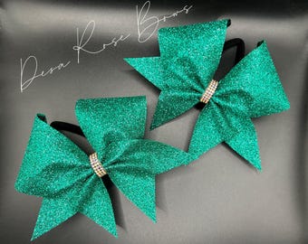 Glitter Pigtail Cheer Bows with Rhinestone Center – Choose Your Color