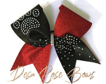 Red and Black Bow with Glitter, Rhinestones, & Paw Print