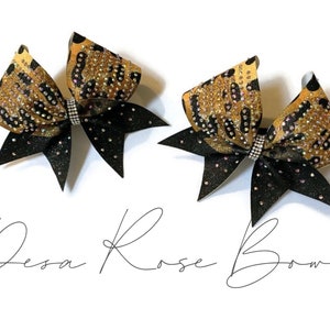 Leopard Print Pigtail Rhinestone Bows- Cheer Dance Bows- Bows for French braids
