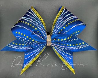 Royal Blue Gold Rhinestone Cheer Bow | Competition Hair Accessories, Maximum Sparkle