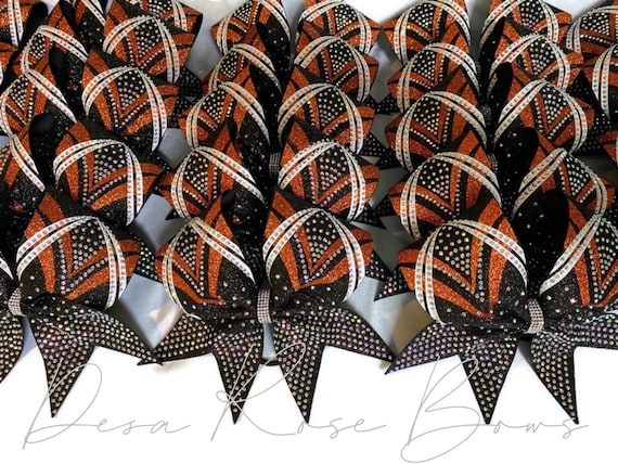 Orange & Black Glitter Cheer Bow – Aurora Rhinestones, Dance Bow