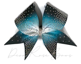 Ombre Bling Glitter Rhinestone Bow- Teal, black, and white- Cheer - Dance