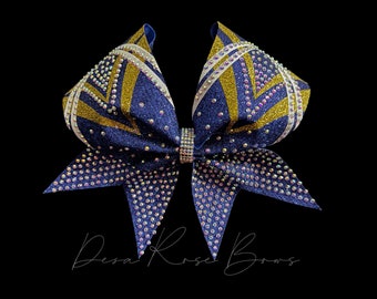 Royal Blue, Gold and White Aurora Rhinestone and Glitter Bow - Cheer Bow- Dance