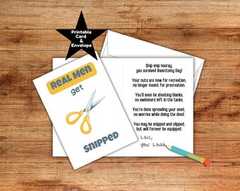 Tarjeta y sobre para vasectomía divertidos e imprimibles, regalo de vasectomía para él, humor posvasectomía, paquete de cuidados para vasectomía, canasta de regalo para vasectomía