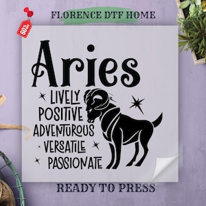 Lectura de la carta natal del zodíaco de Aries, transferencia DTF, lectura del horóscopo profesional, camiseta positiva y animada, lista para prensar, transferencia térmica, hoja de transferencia DTF