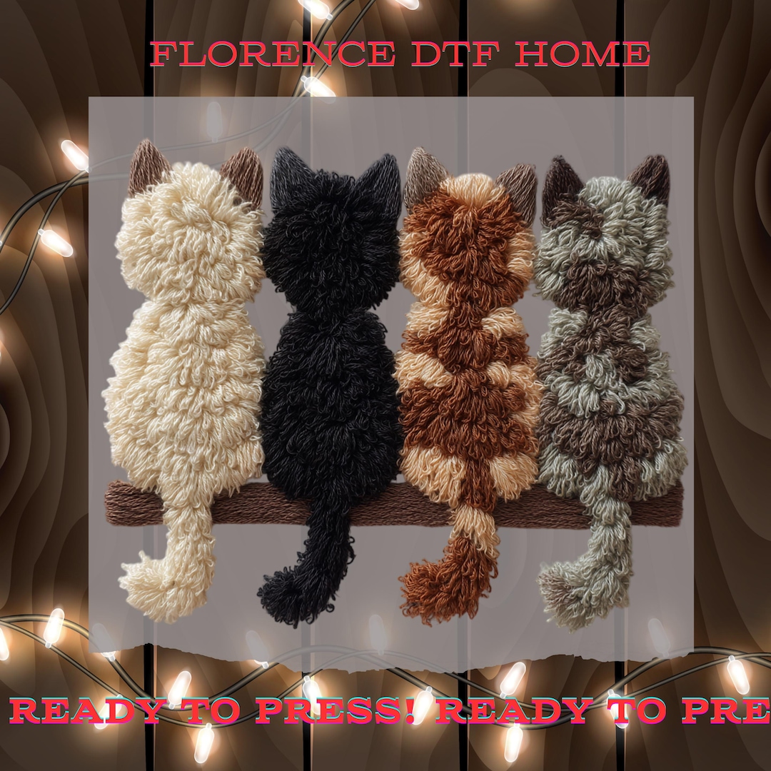 Latch Hook Yarn Crochet Cats Desıgn DTF Transfer, Four Cat on A Shelf ...