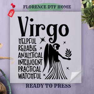 Vierge, lecture du thème astral du zodiaque, transfert Dtf, horoscope, lecture de carrière, aide pratique, chemise prête à presser, transfert de chaleur, feuille Dtf Gang