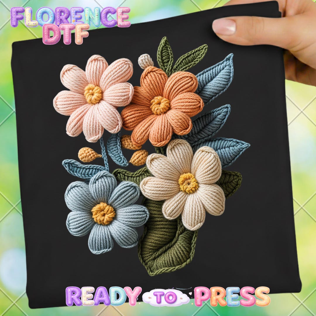 Crochet Flower DTF Transfer, 3D Look Embroidered Floral Ready to Press ...