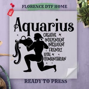 Lectura de la carta natal del zodíaco de Acuario, transferencia DTF, lectura del horóscopo profesional, camiseta creativa y leal, lista para imprimir, transferencia térmica, hoja DTF Gang