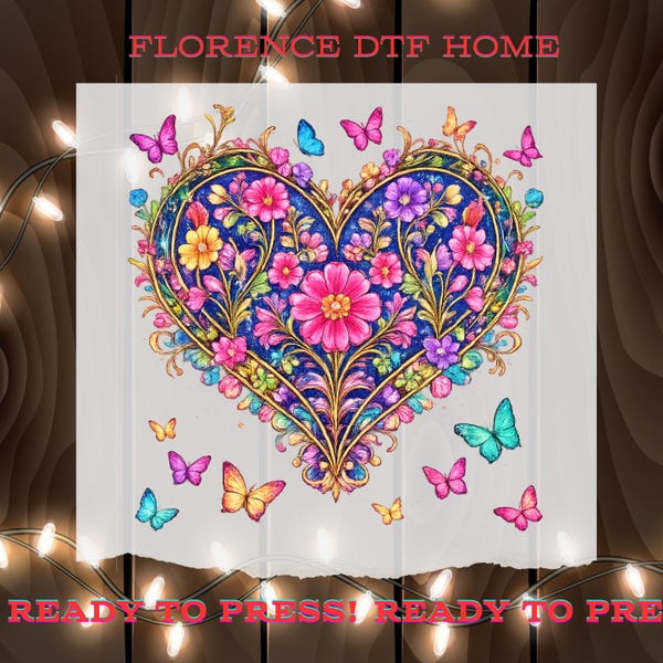 Transferencia DTF de corazón floral colorido con mariposa, corazón floral bohemio listo para prensar, prensa térmica estética para camisetas con corazón floral, hoja DTF