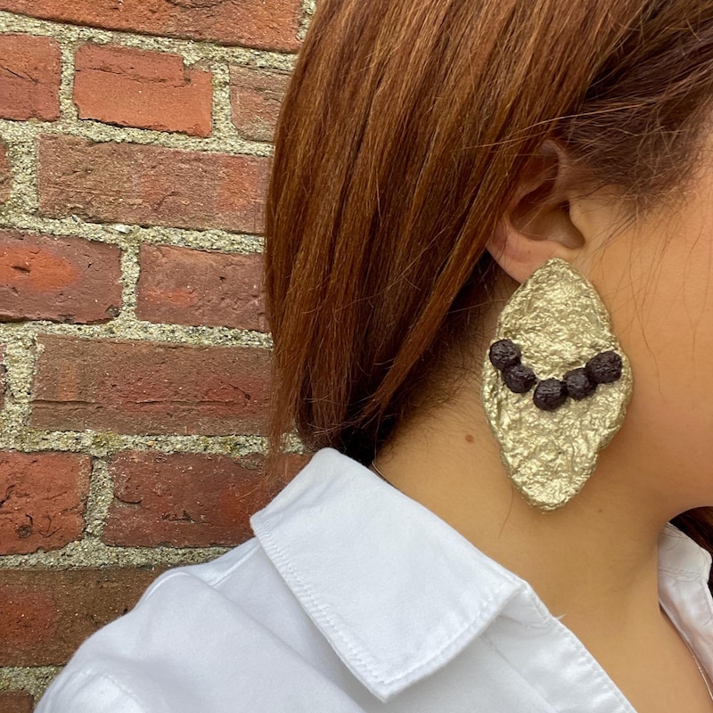 Paper Mache Boule Earrings in Nero Bianco Red