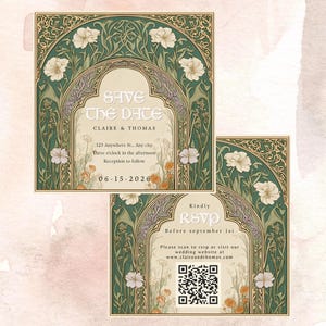 May include: Two wedding invitation cards with a floral design. The cards feature the text "Save the Date" and "RSVP". The design includes white flowers, green and gold accents, and the date 06-15-2026. The cards are from the Creation Spren Shop.
