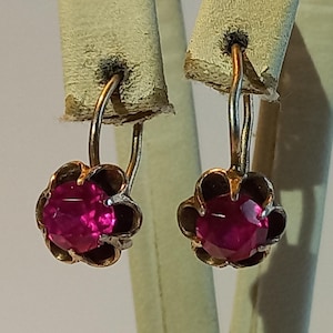 Può includere: Un paio di piccoli orecchini dorati con una pietra preziosa rossa al centro di ogni orecchino. Gli orecchini hanno la forma di un fiore con cinque petali.