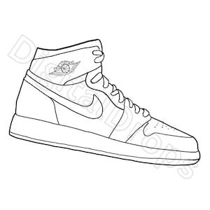Puede incluir: Dibujo lineal de una zapatilla de caña alta. El zapato presenta un logotipo de swoosh en el lateral y un logotipo circular en el tobillo. Los cordones son visibles y el zapato está sobre un fondo blanco.