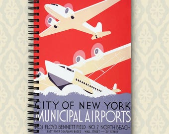May include: A vintage poster advertising the City of New York Municipal Airports. The poster features a red background with a white seaplane and a white airplane flying overhead. The text on the poster reads "City of New York Municipal Airports" and lists the locations of the airports: Floyd Bennett Field, No. 2 North Beach, East River Seaplane Bases, Wall Street, and 31st Street. The poster also includes the names of the mayor, F.H. LaGuardia, and the commissioner of docks, John McKenzie.
