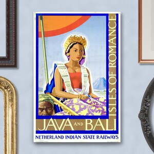 May include: Vintage travel poster for Java and Bali, featuring a woman in traditional attire with a gold headdress. The poster has a blue border and text that reads "Isles of Romance" and "Java and Bali".