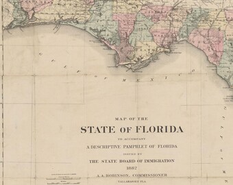 May include: A vintage map of the State of Florida, printed in black and white with colored borders for each county. The map is titled "Map of the State of Florida" and includes the text "To accompany a descriptive pamphlet of Florida issued by the State Board of Immigration 1882 A.A. Robinson, Commissioner Tallahassee Fla."
