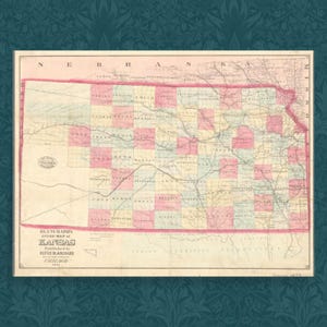 May include: An antique map of Kansas, printed in 1860 by Rufus Blanchard. The map is divided into counties, with each county colored in pink, blue, or yellow. The map also shows rivers, roads, and towns.