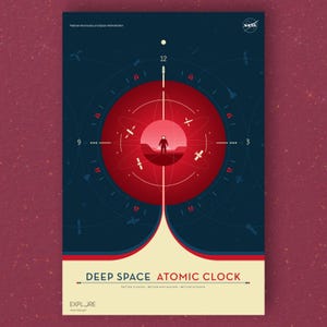 May include: A poster with a red and white illustration of an astronaut standing on Mars. The illustration is surrounded by a clock face with a rocket ship in the center. The text "DEEP SPACE ATOMIC CLOCK" is at the bottom of the poster. The text "BETTER CLOCKS - BETTER NAVIGATION - BETTER SCIENCE" is below the title. The text "EXPLORE" is at the bottom of the poster with the URL "www.nasa.gov".