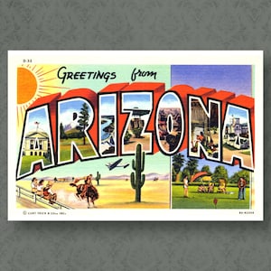 Greetings From Arizona Print Vintage Postcard Print Curt Teich Arizona Print Arizona Retro Arizona Decor Old West Art Arizona New House Art
