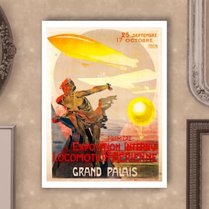 Grand Palais Air Travel Poster With Mythical Imagery and Early Aircraft Perfect for Stylish Historic Airbnb Wall Decor Historic French Art