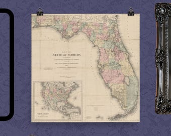 Florida Map Print: 1882 Historic Wall Art