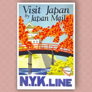 Japan Travel Print Japan Travel Poster Print Midcentury Japan Travel Art Print Visit Japan Vintage Poster Reproduction Japanese Bridge Art