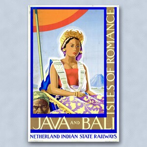 May include: Vintage travel poster for Java and Bali, featuring a woman in traditional attire with a gold headdress. The poster has a blue border and text that reads "Isles of Romance" and "Java and Bali".