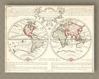 French Antique World Map Print: 1709 Hemispheres