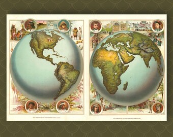 Vintage World Map Print: 1880 Monteith Chromolithograph, Hemisphere Wall Art