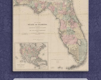 Historic Florida Map Print: 1882 Canvas Wall Art