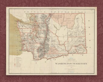 May include: An antique map of Washington Territory, printed in black and white with red and pink accents. The map shows the state's boundaries, major cities, and rivers. The title "WASHINGTON TERRITORY" is printed at the bottom of the map.